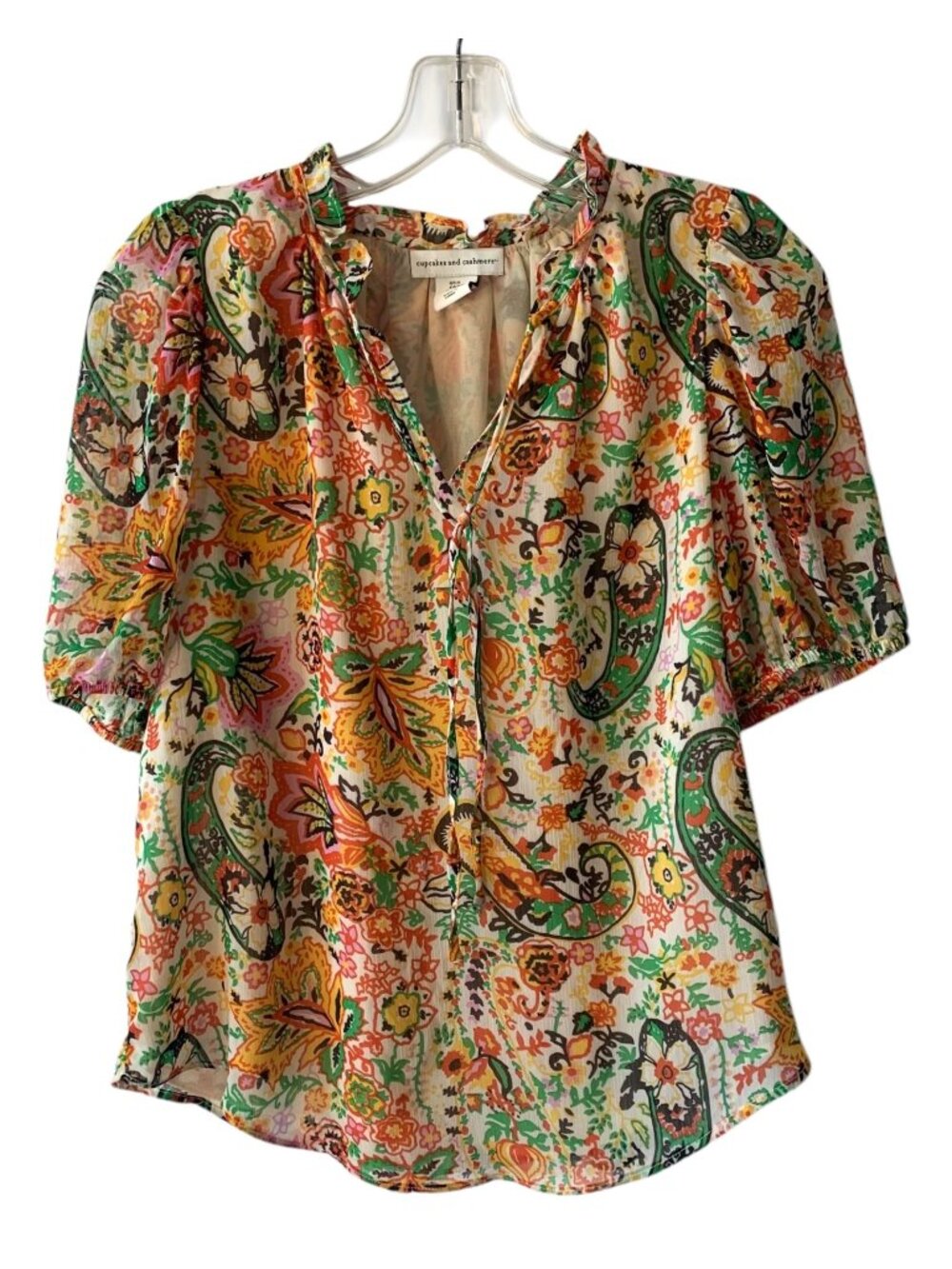 CUPCAKES AND CASHMERE Multicolor Tie Neck Short Juliette Sleeve Lined Blouse S